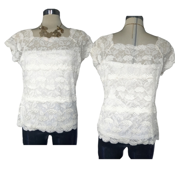 White Clear Beige Lace Short Sleeve Top.  Size M. - Picture 1 of 11